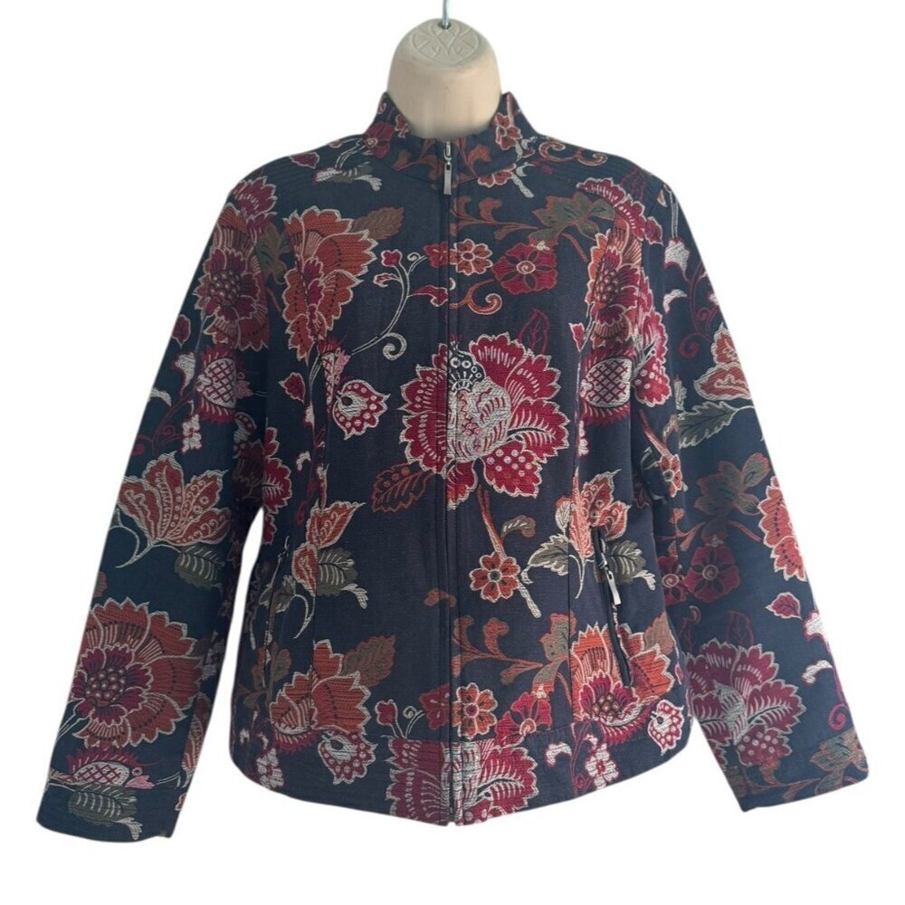 Chico's Women's Size 1 (Small) Black Full Zip Red Orange Floral Print Jacket